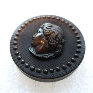 Dyed Black Animal Horn Button CLASSICAL Bust of a Woman Lined Background Beaded Border NBS DIV I Large 1 1/4" Loop Shank L. C. J. &F. Caen