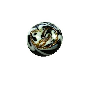 May include: A decorative glass marble with a swirling pattern of black and white. A gold glitter design is embedded in the center. The marble is round and sits against a white background.