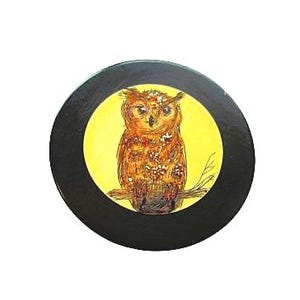 May include: A circular decorative plate featuring a central yellow circle with a detailed illustration of a brown owl perched on a branch. The owl has textured, sketch-like markings in shades of brown and orange. The plate has a wide black border.