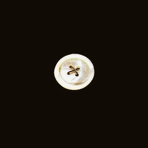 May include: A round, white, iridescent mother-of-pearl button featuring a raised, gold-colored metal cross-stitch detail in the center. The button has a smooth, polished surface with a subtle sheen and a distinct circular rim.