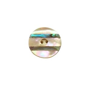 May include: A round button with a pearlescent finish and iridescent stripes. The button has two holes and is made of a shell material. The button is a neutral color and would be suitable for sewing projects.
