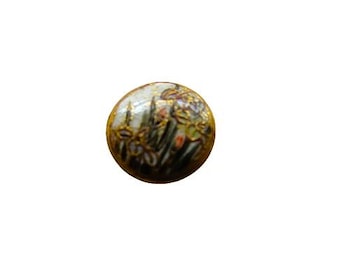 Rare Miniature Satsuma Button Three Polychrome Enamel Iris Stems Lavish Use of Gold NBS Div III Small 1/2" c. 1900-1920 Meiji/Taisho Period