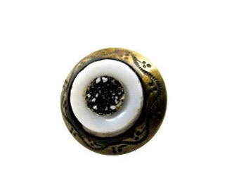 Striking German Made Precision Inlay Button Speckled Black and White Glass Set in A White Glass Ring Brass Rim Tin Back BM Extra Fein 1880's