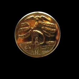 May include: A gold-colored button with an embossed design featuring an eagle, a flag, and a figure. The button has a circular shape and is set against a black background. The details are finely rendered.