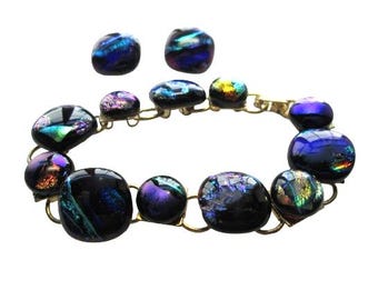 Dichroic Glass Bracelet & Earrings Glass Made by Studio Artist Char (Eagleton) Behrens 7.75" Long  Earrings 1/2" Square on GF Findings
