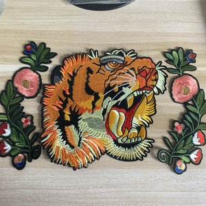 3個のタイガー刺繍パッチ、衣服用の花付きタイガーアップリケ、大きなタイガーアップリケパッチ、アイロン接着刺繍アップリケ