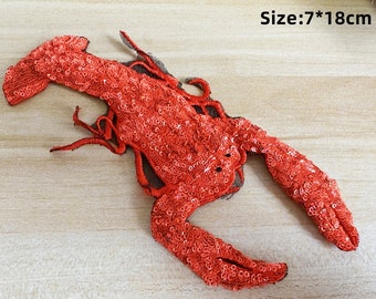 Red Crawfish Sequin Iron-On Patch: Embroidered Applique