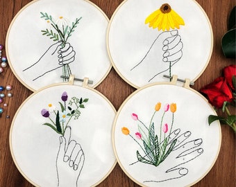 Simple Beginner Embroidery Kit - Modern Floral Pattern - Hand Embroidery Full Kit - Diy Flower Embroidery Hoop Wall Art Kit