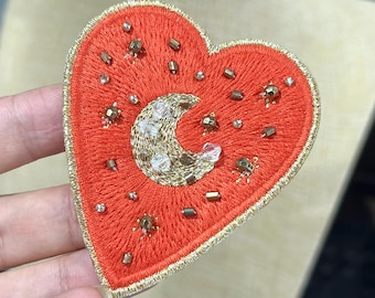 Handmade Beaded Heart Applique: Embroidered Iron-On Patch