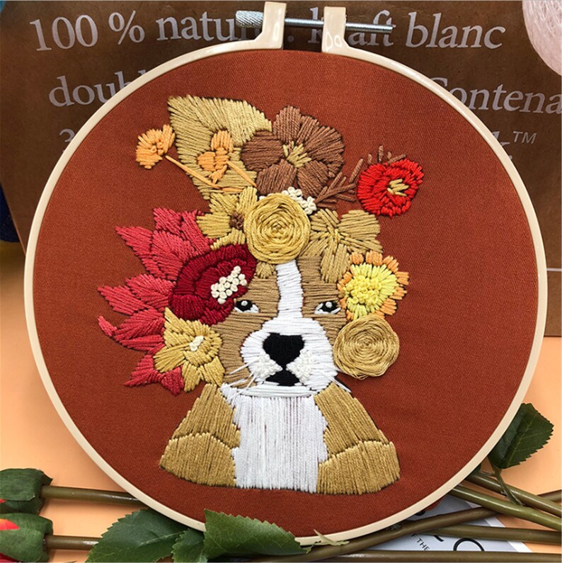 Lovely Dog Embroidery Kit, Cartoon Painting Embroidery Kit For Beginner, Hand Embroidery Kit, flowers Embroidery Pattern, DIY Embroidery Kit pattern 7