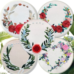 Beginner Embroidery Kit - Modern Floral Pattern - Hand Embroidery Full Kit - Diy Flower Embroidery Hoop Wall Art Kit