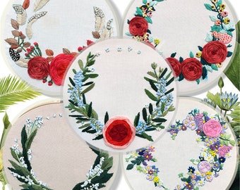 Beginner Embroidery Kit - Modern Floral Pattern - Hand Embroidery Full Kit - Diy Flower Embroidery Hoop Wall Art Kit