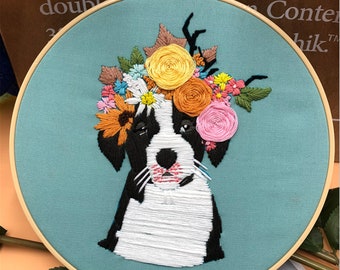 Lovely Dog Embroidery Kit, Cartoon Painting Embroidery Kit For Beginner, Hand Embroidery Kit, flowers Embroidery Pattern, DIY Embroidery Kit