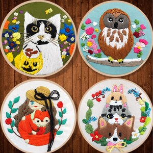 Kit de bordado de gato adorável, kit de bordado de pintura de desenho animado para iniciantes, kit de bordado à mão, padrão de bordado de flores, kit de bordado diy