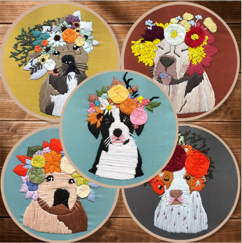 Lovely Dog Embroidery Kit, Cartoon Painting Embroidery Kit For Beginner, Hand Embroidery Kit, flowers Embroidery Pattern, DIY Embroidery Kit image 2