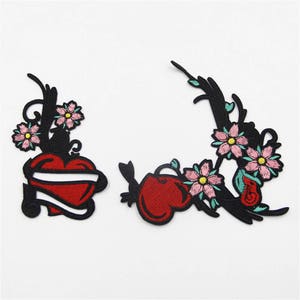 Chic Flower Patches,2Pcs Flower with Heart Applique,Red Flower Patches,Floral Embroidery Patches