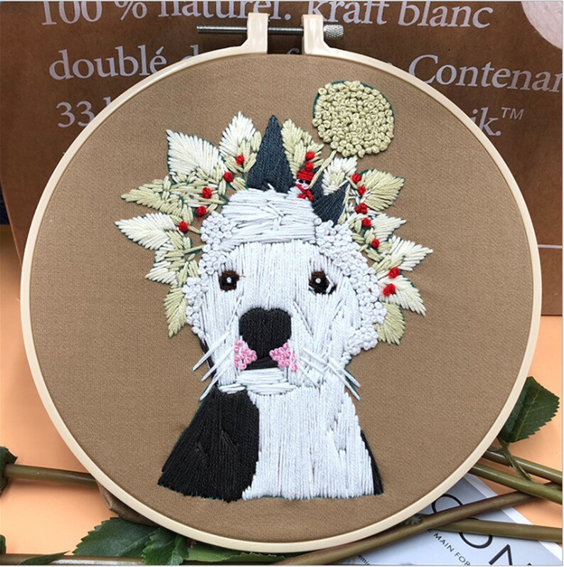Lovely Dog Embroidery Kit, Cartoon Painting Embroidery Kit For Beginner, Hand Embroidery Kit, flowers Embroidery Pattern, DIY Embroidery Kit pattern 8