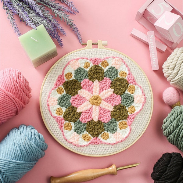 Flower punch needle kits for beginner, unique handmade craft, DIY embroidery kit, punch kit with yarn, rug hook design kit