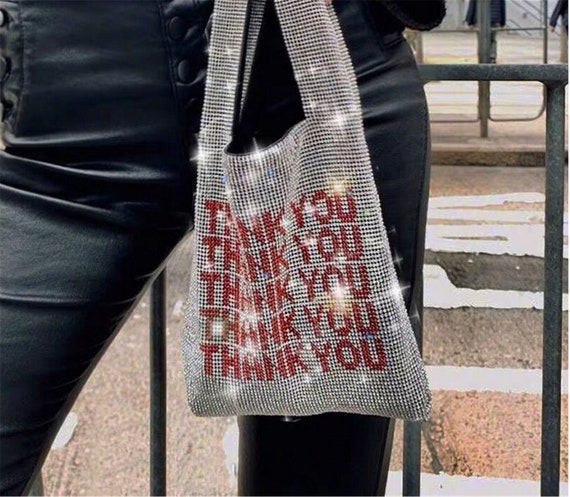 A Womens Fashion Designer Crystal Mini Thank You Handbag Rhinestone Shopping Bag A Womens Fashion Designer Crystal Mini Thank You Handbag Rhinestone Shopping Bag