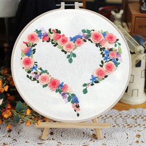 Heart Floral Embroidery Kit: Beginner DIY Craft (20CM Hoop)
