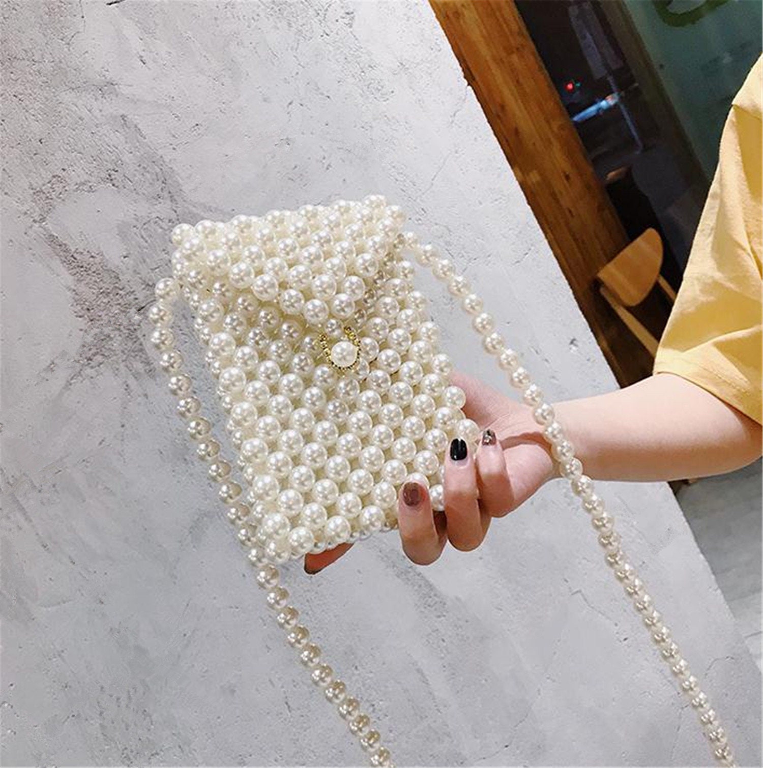 2 Size Bags for Women White Pearl Beaded Small Top-Handle