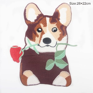 1pc Hund-Patch, grosse Stickerei-Hund-Patch mit Rose, Eisen auf schönen Hund Applikationen für Kleidung
