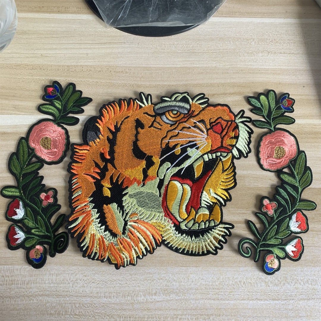 3pcs Tiger Embroidered Patch ,tiger Applique With Flowers for Garment