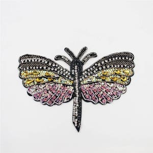 Embroidery Dragonfly Patch,Beaded Dragonfly Patch,Crystal Dragonfly Patch,Beads Patch,Sewing on Applique,Embroidered Patch for Garment