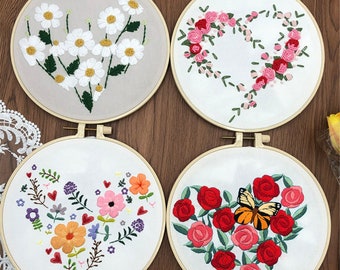 DIY Beginner Embroidery Kit - Modern Floral Pattern - Hand Embroidery Full Kit - DIY Flower Embroidery Hoop Wall Art Kit