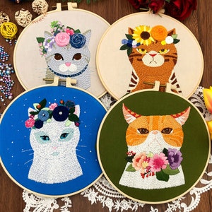Kit de bordado de gato, kit de bordado de animais de desenho animado para iniciantes, kit de bordado à mão, padrão de bordado de gato, kit de bordado diy