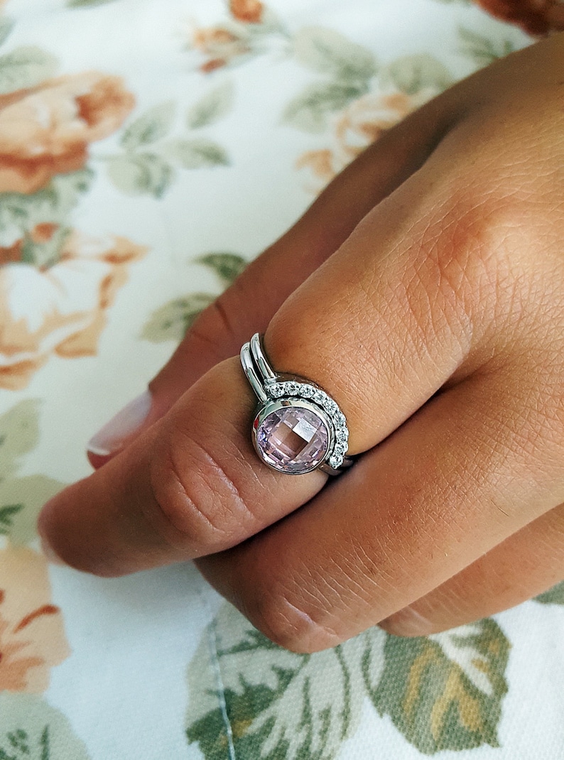 Everyday ring 925K sterling Silver ring Set Round CZ Ring With Half Round Wedding Engagement Set with Half Round Band
