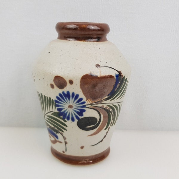 Vintage Mexican Pottery Vase 4" Ceramic Earthenware Hand Painted Artist Signed Tonala Small Brown Blue Floral Leaf Earth Tones Speckled
