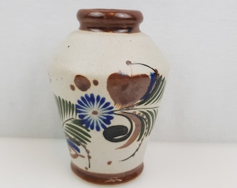 Vintage Mexican Pottery Vase 4" Ceramic Earthenware Hand Painted Artist Signed Tonala Small Brown Blue Floral Leaf Earth Tones Speckled