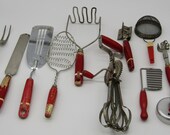 Kitchen Wood Handle Tools 12pc Set Utensils Rustic Primitive Prim Country Farmhouse Decor Egg Beater Potato Masher Cookie Cutter Provincial