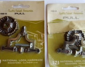 Cabinet Drawer Pulls Antiqued Brass Handle Medallion Backplate New Old Stock Retro 1960s National Lock Co Made in USA Rosette Drop Bale