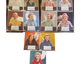 May include: A set of ten vintage calendar cards featuring women in various poses and outfits. Each card has a calendar for a different month and features a different woman in a different outfit. The cards are in good condition and would make a great addition to any vintage collection.