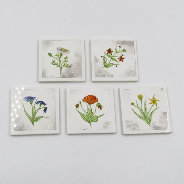 Ceramic Tile 3x3 Set of 5 Hand-Painted Floral Flower Botanical Wildflower Cork Back Coaster Made in Denmark