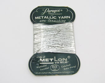 Vintage NOS Silver Metallic Yarn Thread 60 Yards Metlon with Mylar Non-Tarnishing Washable Ironable