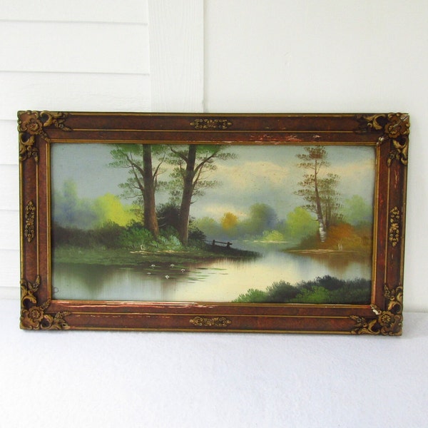 Vintage 32x18 Large Ornate Rectangle Wood Frame Landscape Orientation Forest River Serene Pastoral Scene Print Over Couch Mantel