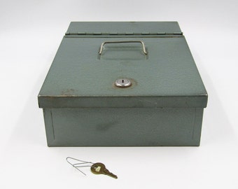 Vintage Steel Fireproof Lock Box with Key Secure Home Cash and Document Storage Portable Carrying Handle