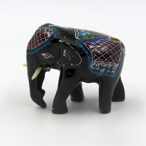 Small Hand Carved Hand Painted Black Lacquered Indian Elephant Good Luck Talisman Miniature