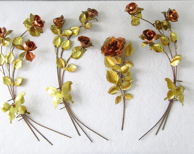 Image showcasing Vintage Metal Wall Art Decor Copper Red Rose With Gold Leaves Long Stem ...