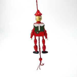 Vintage Italian Jumping Jack Wooden Puppet Pull String Toy Pinocchio Ornament 5” Movable Limbs Red Green Nostalgic Folk Art Nursery Decor