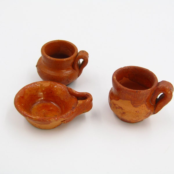 Miniature Clay Pottery 3pc Set Tureen Bean Pot Bowl Dollhouse Jug  Terra Cotta with Handles