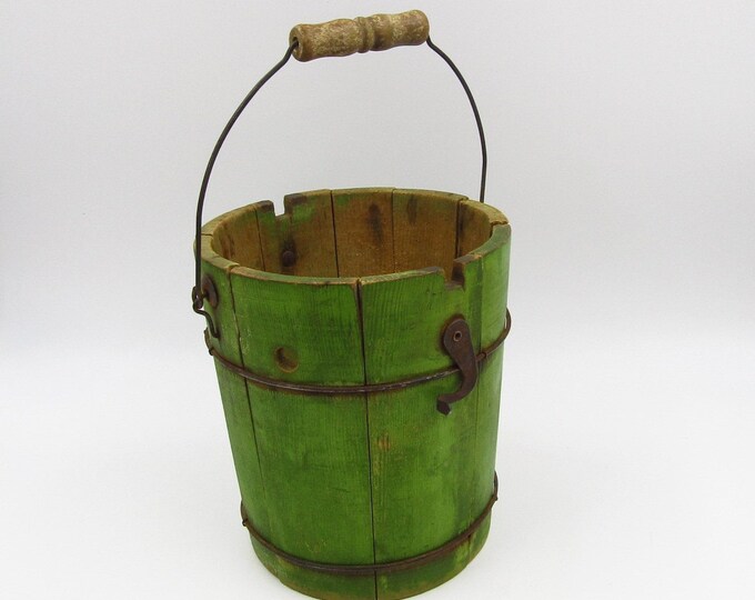 Antique Wood Slat Bucket With Wooden Handle Metal Band Green Ice Cream