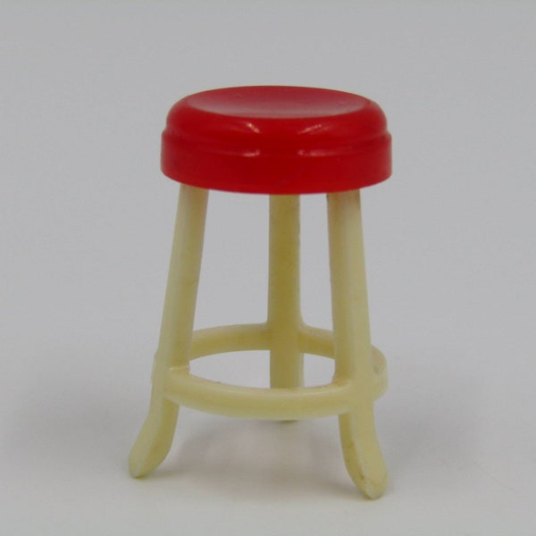 Vintage Miniature Stool Plastic Red Seat and White Legs Dollhouse Furniture Barstool