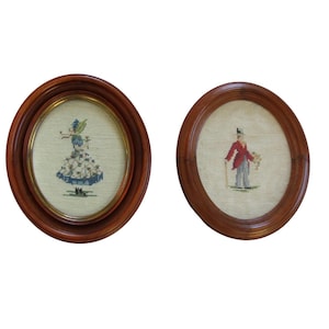 Pair Antique Wood Oval Frames with Completed Needlepoint Girl in Bonnet and Man in Top Hat Set Dated 1906
