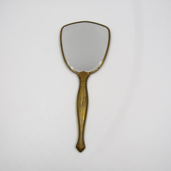 Antique Brass Hand Mirror Vanity Boudoir Prop Art Nouveau Ornate Handle with Floral Back and Beveled Edge