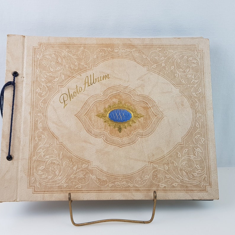 Vintage Victorian Style Photo Album Picture Mounts Scrapbook Embossed Leather Ivory Black Blank Pages Inserts Odd Fellows Free Masons Book