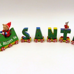 Miniature Wooden I believe in Santa Spellout Christmas Train Wood People Painted Letters Teddy Bear Engine Tabletop Kids Decoration image 1